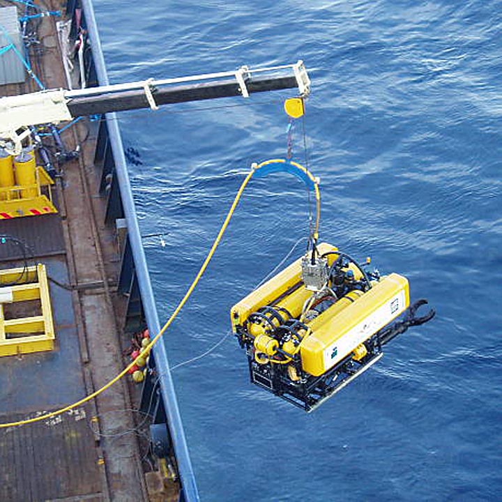 Taranto, Italy - June 23rd, 2005: The UK Submarine Rescue Service's remotely operated vehicle (ROV) being launched. This will be used to clear debris from around a stricken submarine and to deliver survival stores to buy time until a rescue can be mounted. Training exercises are held about 4 times a year.